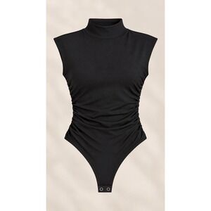Good American Weightless Sculpting Bodysuit Black Size L Ruched Mock Neck NWT
